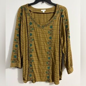 J Jill Pure Jill Womens Top/Blouse V-Neck Embroidered 3/4 Sleeve XL Boho Aztec